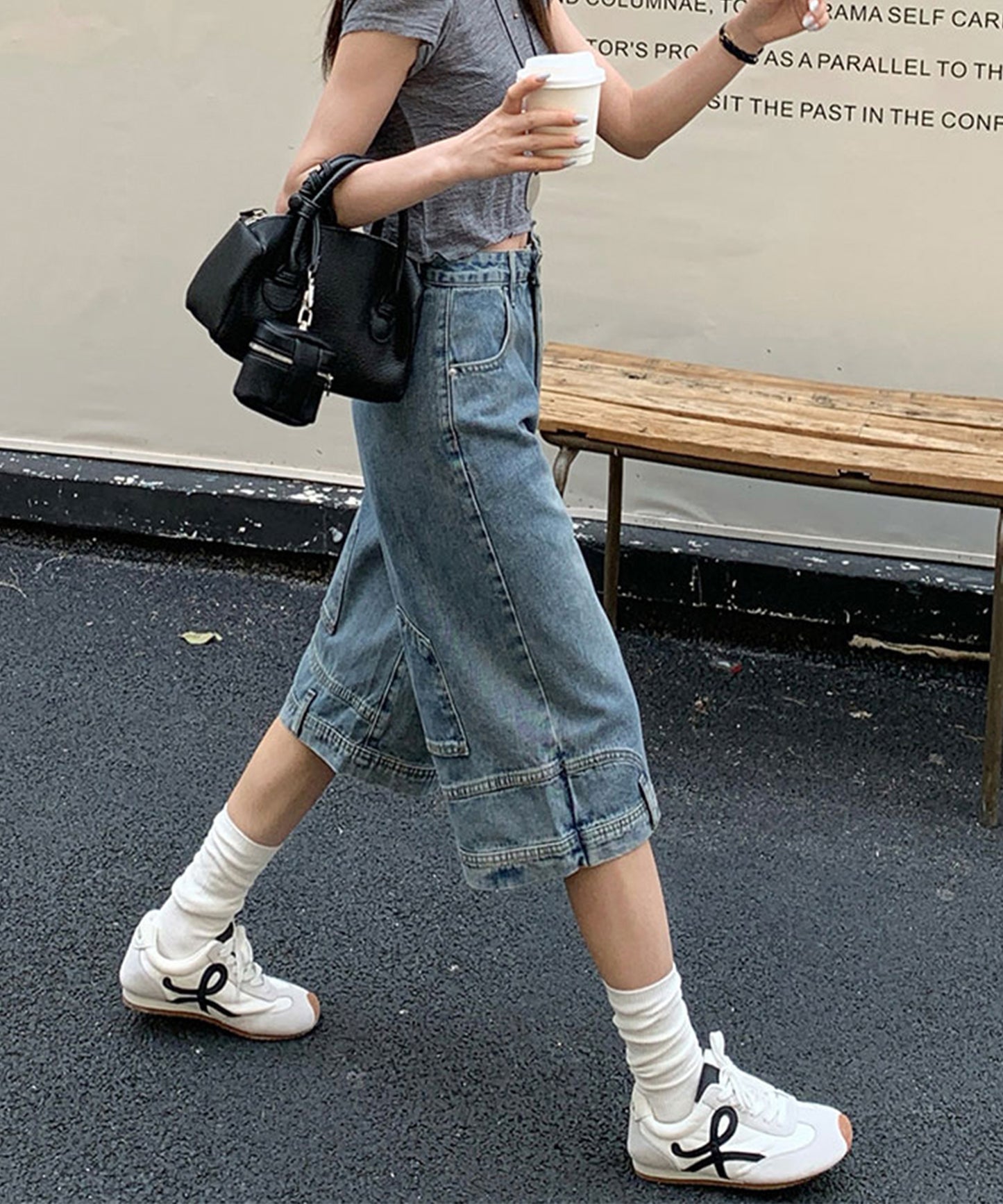 ウォッシュ加工 ユニーク ハイウエスト6分丈 デニムパンツ