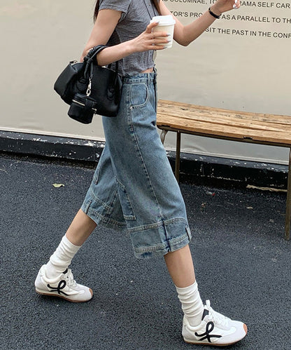 ウォッシュ加工 ユニーク ハイウエスト6分丈 デニムパンツ