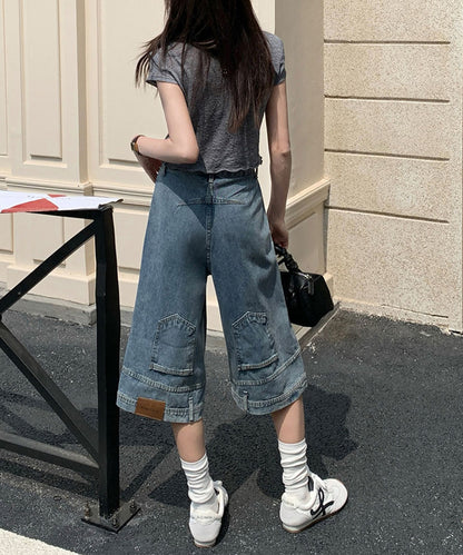 ウォッシュ加工 ユニーク ハイウエスト6分丈 デニムパンツ