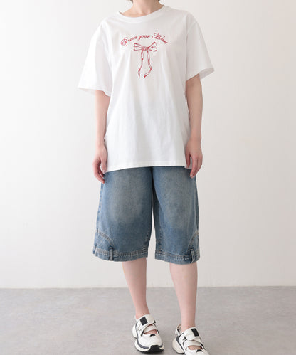 ウォッシュ加工 ユニーク ハイウエスト6分丈 デニムパンツ