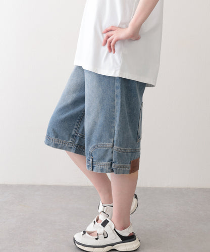 ウォッシュ加工 ユニーク ハイウエスト6分丈 デニムパンツ