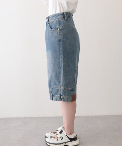 ウォッシュ加工 ユニーク ハイウエスト6分丈 デニムパンツ