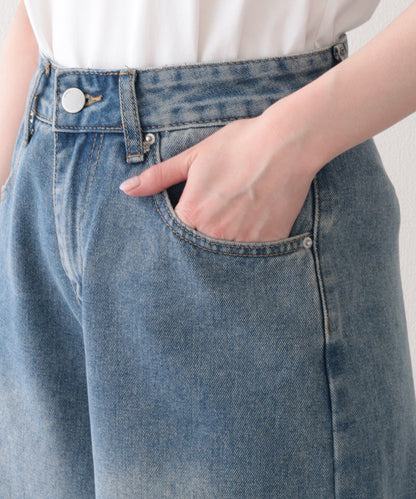 ウォッシュ加工 ユニーク ハイウエスト6分丈 デニムパンツ