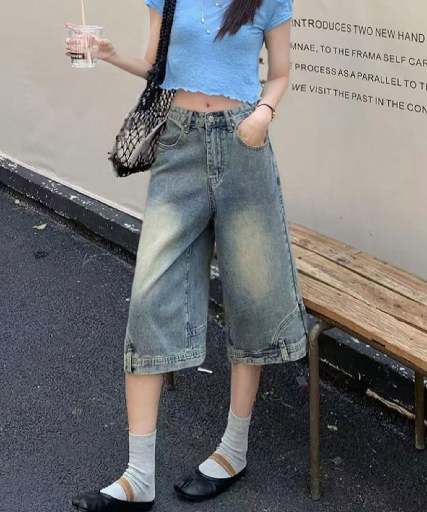 ウォッシュ加工 ユニーク ハイウエスト6分丈 デニムパンツ