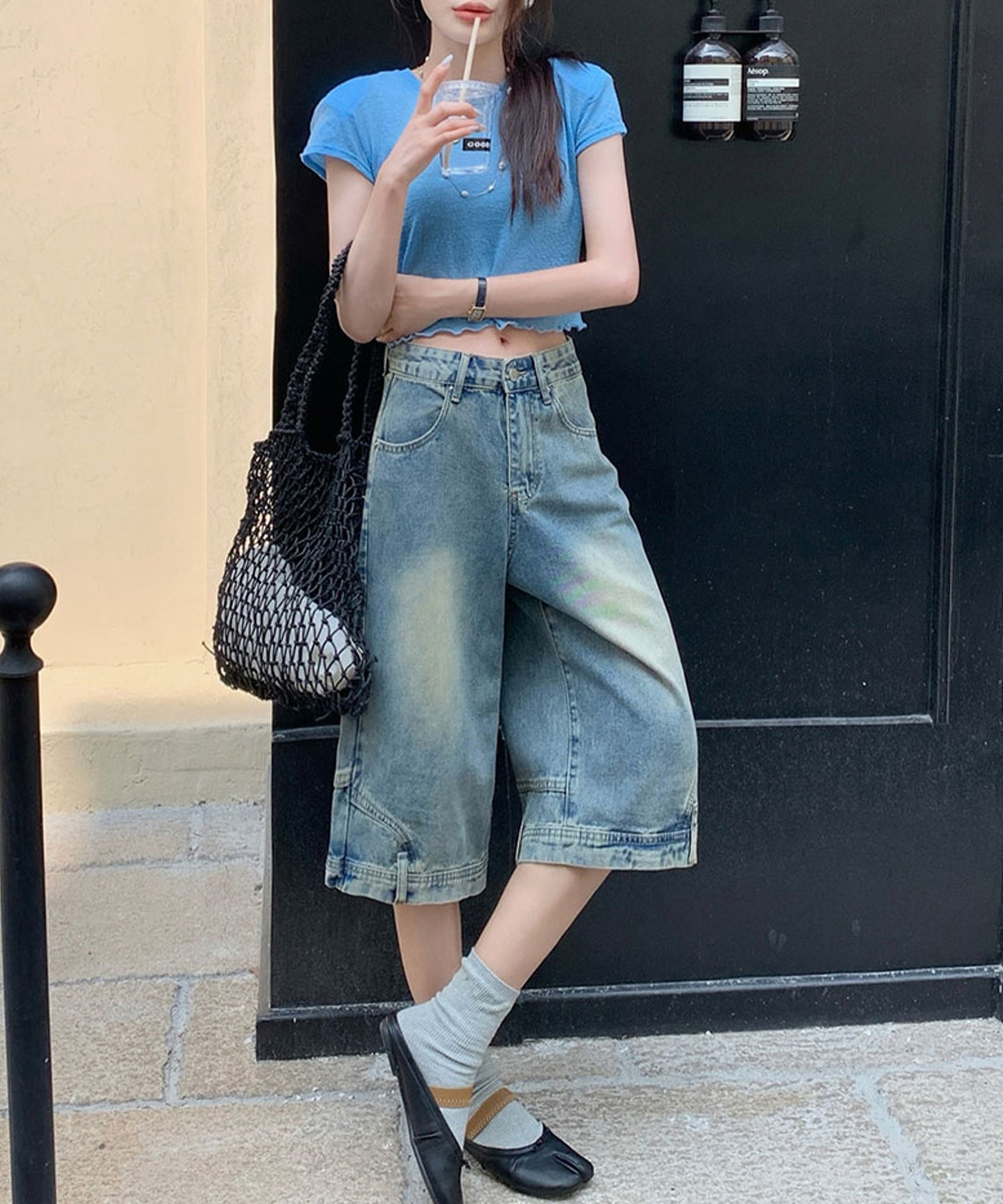 ウォッシュ加工 ユニーク ハイウエスト6分丈 デニムパンツ