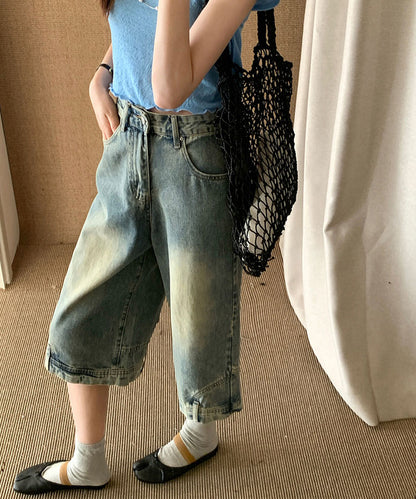 ウォッシュ加工 ユニーク ハイウエスト6分丈 デニムパンツ