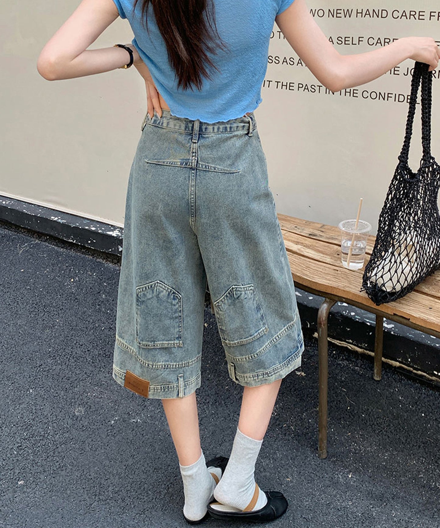 ウォッシュ加工 ユニーク ハイウエスト6分丈 デニムパンツ