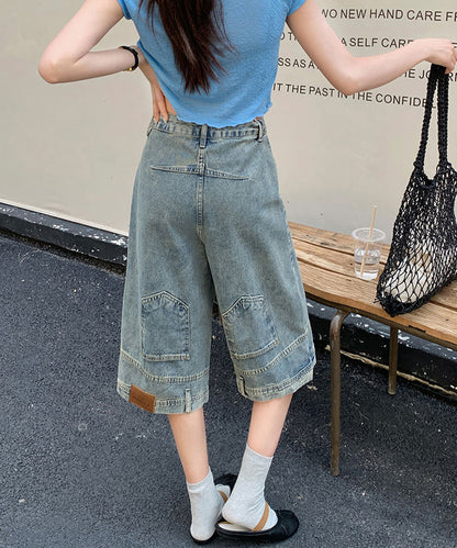 ウォッシュ加工 ユニーク ハイウエスト6分丈 デニムパンツ