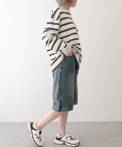 ウォッシュ加工 ユニーク ハイウエスト6分丈 デニムパンツ