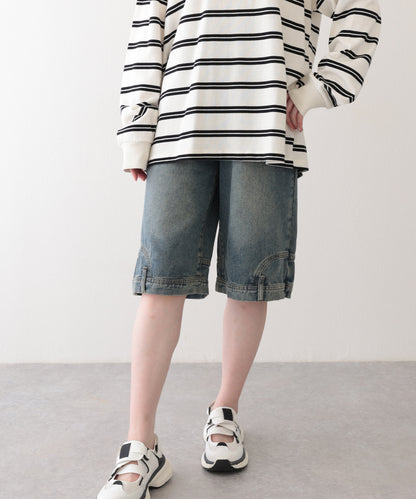 ウォッシュ加工 ユニーク ハイウエスト6分丈 デニムパンツ