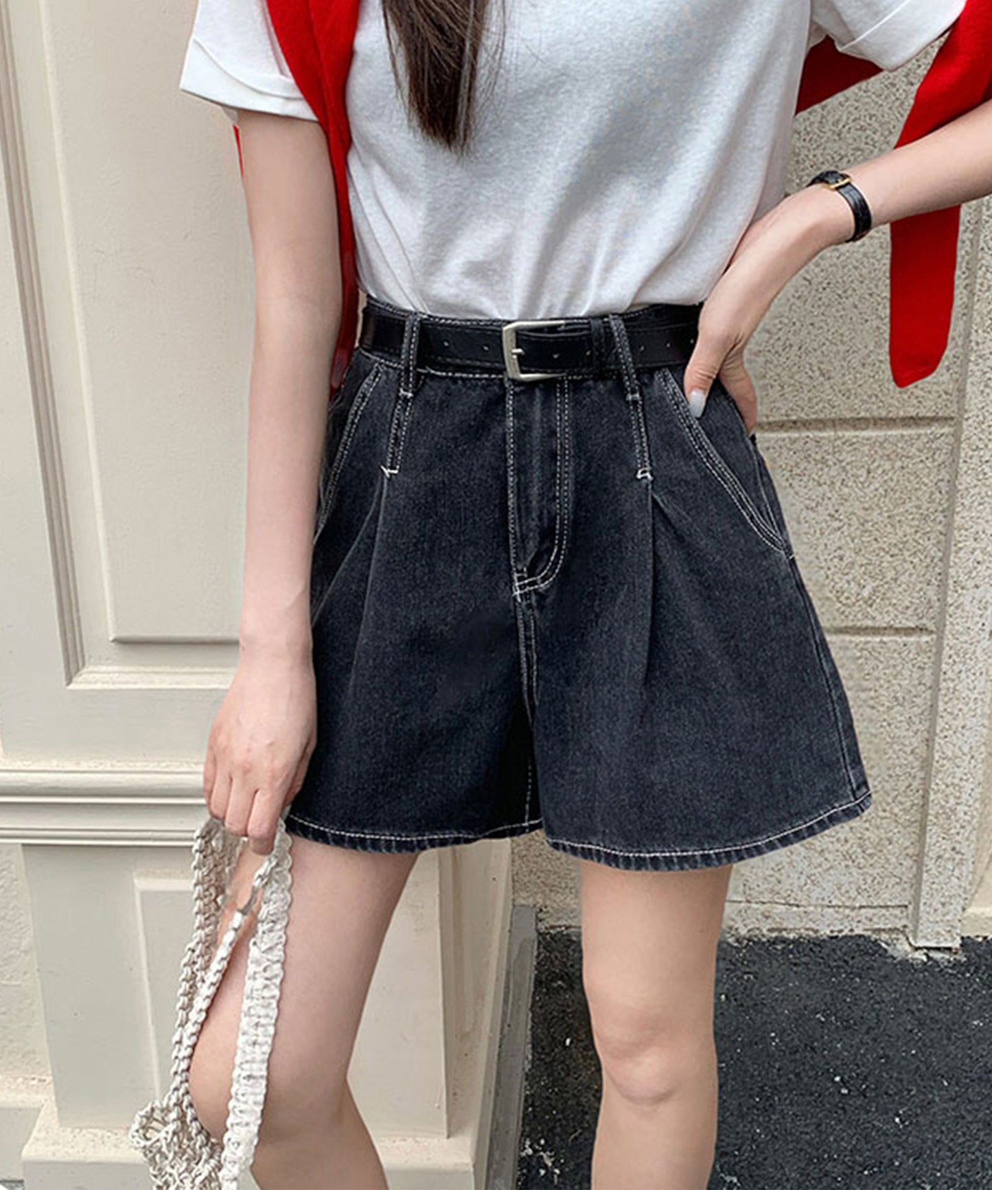 タック ステッチ入り ハイウエスト Aライン デニム ショートパンツ