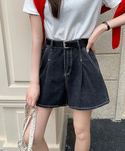タック ステッチ入り ハイウエスト Aライン デニム ショートパンツ
