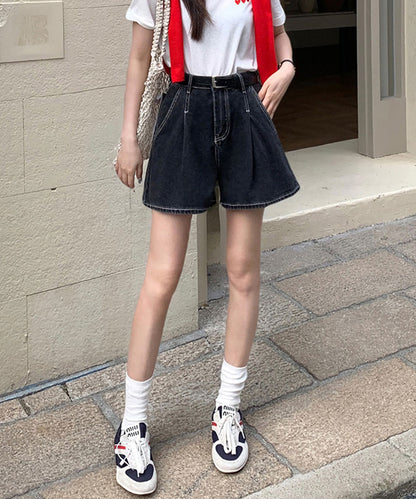 タック ステッチ入り ハイウエスト Aライン デニム ショートパンツ