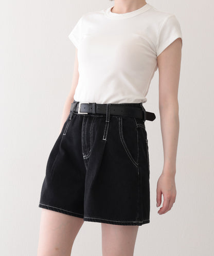 タック ステッチ入り ハイウエスト Aライン デニム ショートパンツ
