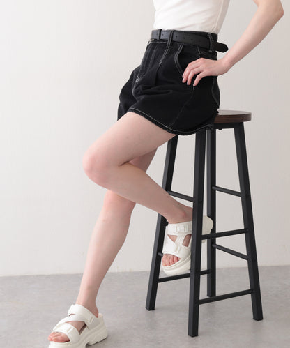 タック ステッチ入り ハイウエスト Aライン デニム ショートパンツ
