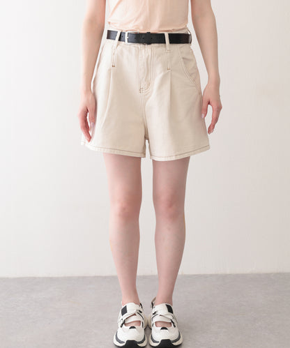 タック ステッチ入り ハイウエスト Aライン デニム ショートパンツ