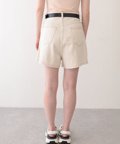 タック ステッチ入り ハイウエスト Aライン デニム ショートパンツ