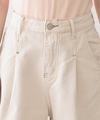 タック ステッチ入り ハイウエスト Aライン デニム ショートパンツ