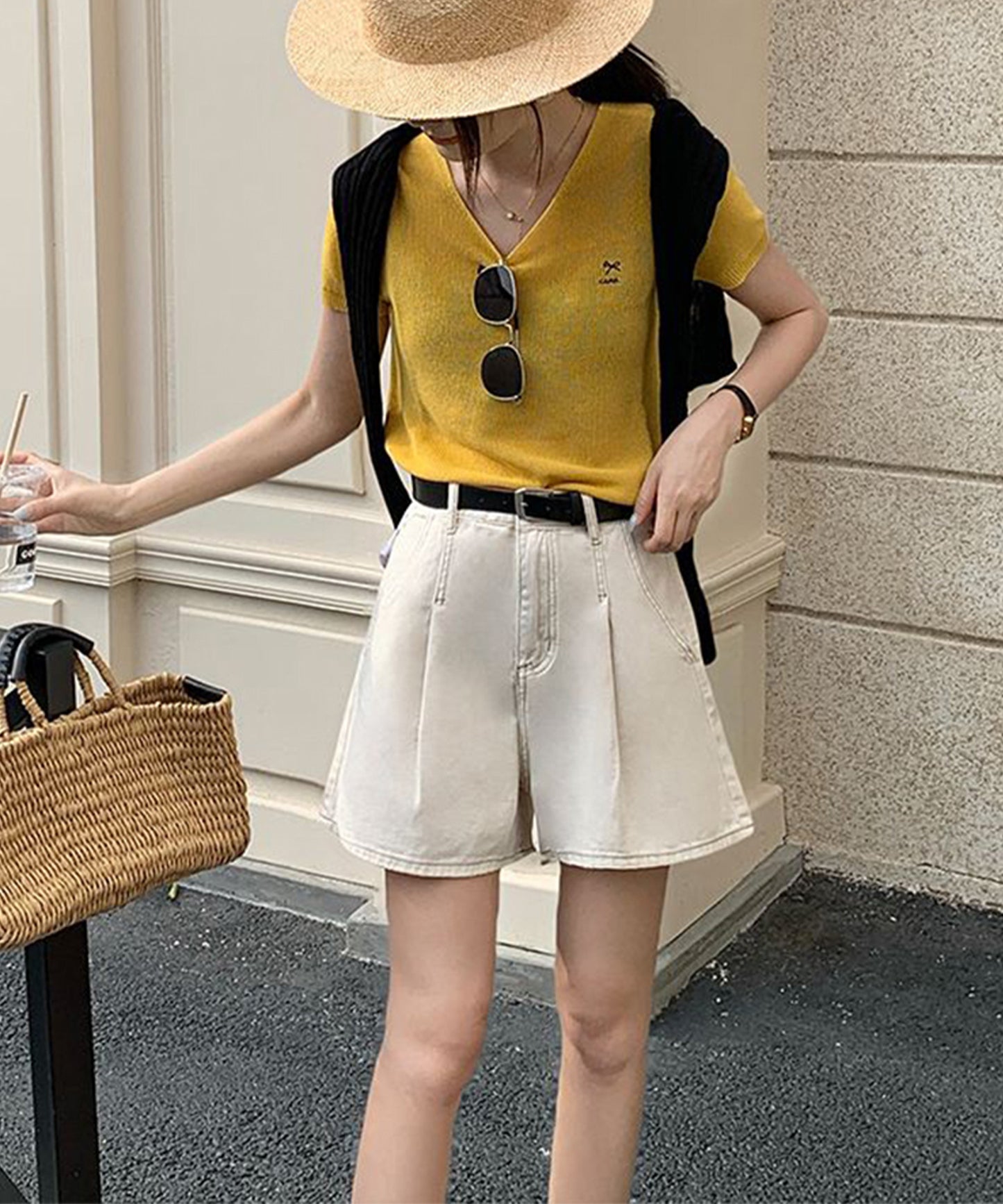 タック ステッチ入り ハイウエスト Aライン デニム ショートパンツ