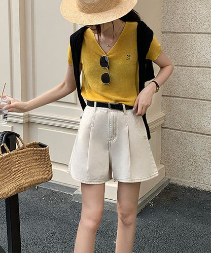 タック ステッチ入り ハイウエスト Aライン デニム ショートパンツ