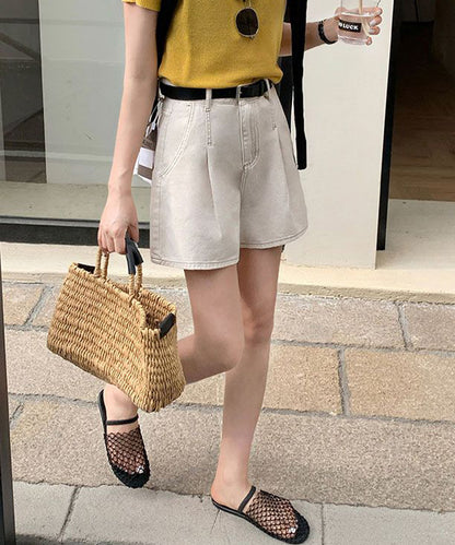 タック ステッチ入り ハイウエスト Aライン デニム ショートパンツ