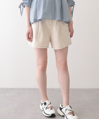 タック ステッチ入り ハイウエスト Aライン デニム ショートパンツ
