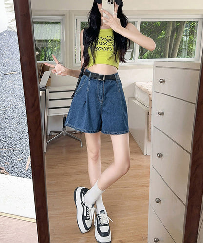 タック ステッチ入り ハイウエスト Aライン デニム ショートパンツ