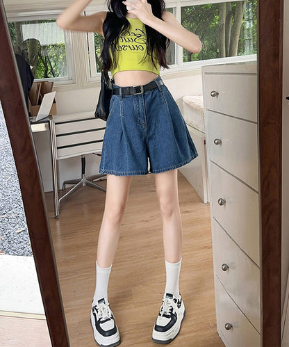 タック ステッチ入り ハイウエスト Aライン デニム ショートパンツ