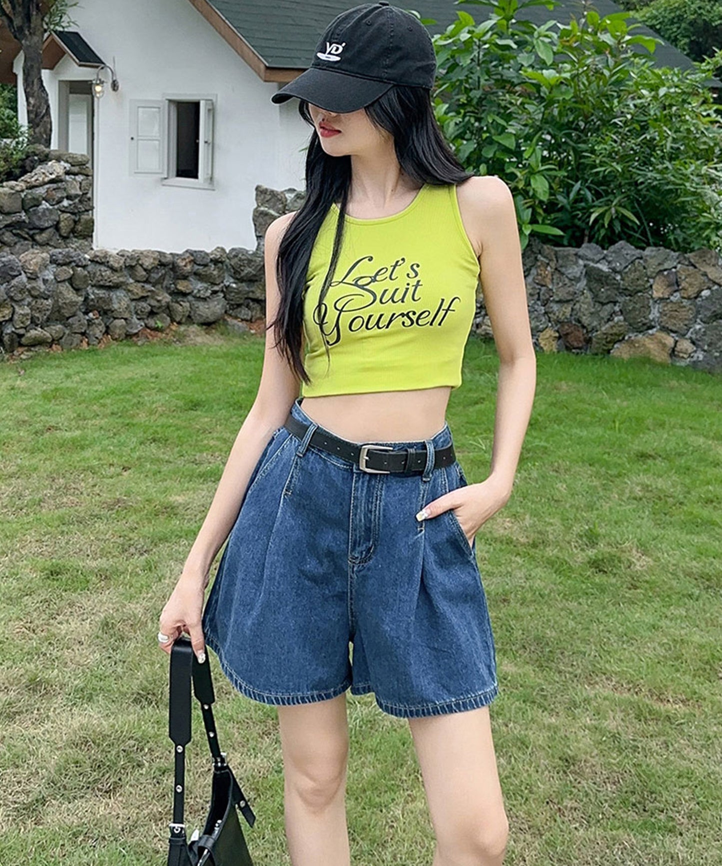 タック ステッチ入り ハイウエスト Aライン デニム ショートパンツ