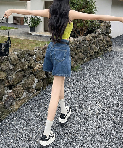 タック ステッチ入り ハイウエスト Aライン デニム ショートパンツ