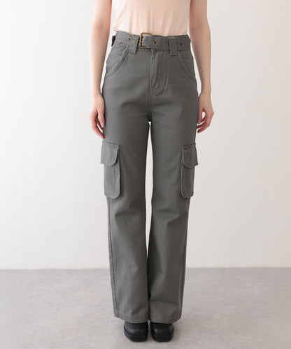 ハトメ ベルト付き ハイウエスト フレア カーゴパンツ