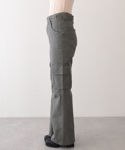 ハトメ ベルト付き ハイウエスト フレア カーゴパンツ