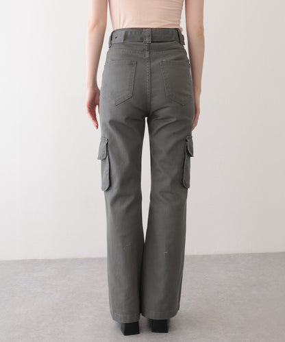 ハトメ ベルト付き ハイウエスト フレア カーゴパンツ