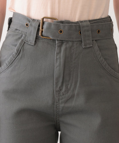 ハトメ ベルト付き ハイウエスト フレア カーゴパンツ