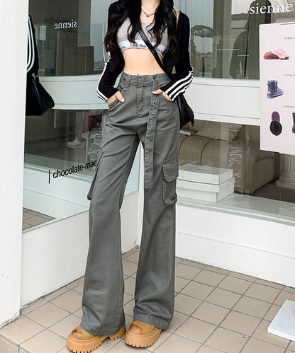 ハトメ ベルト付き ハイウエスト フレア カーゴパンツ