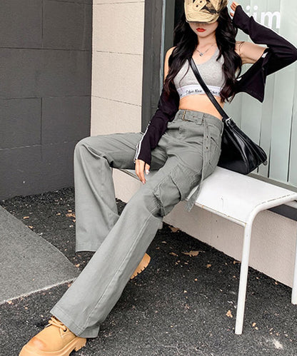 ハトメ ベルト付き ハイウエスト フレア カーゴパンツ