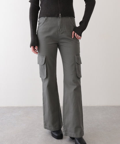 ハトメ ベルト付き ハイウエスト フレア カーゴパンツ