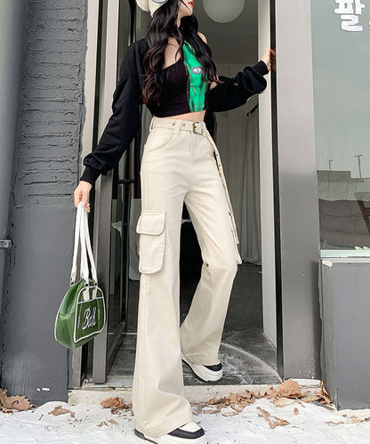 ハトメ ベルト付き ハイウエスト フレア カーゴパンツ