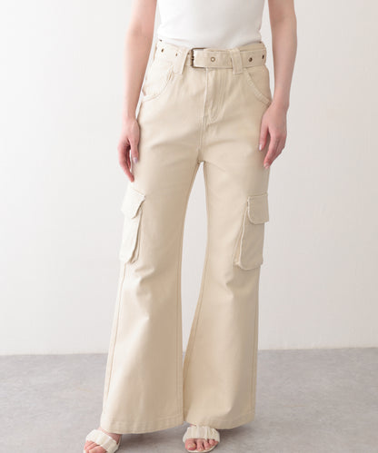 ハトメ ベルト付き ハイウエスト フレア カーゴパンツ