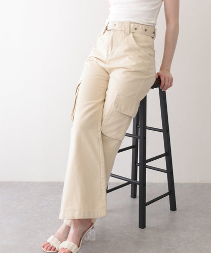 ハトメ ベルト付き ハイウエスト フレア カーゴパンツ