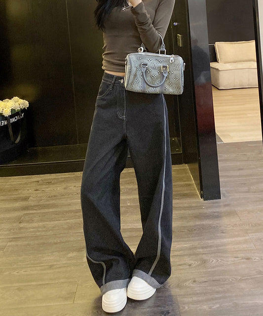 配色 ステッチライン ハイウエスト ワイド デニムパンツ