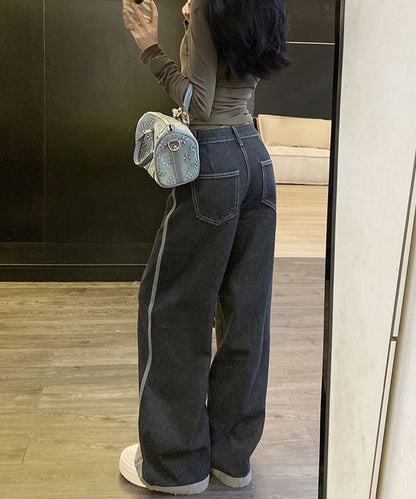 配色 ステッチライン ハイウエスト ワイド デニムパンツ