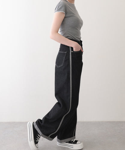 配色 ステッチライン ハイウエスト ワイド デニムパンツ