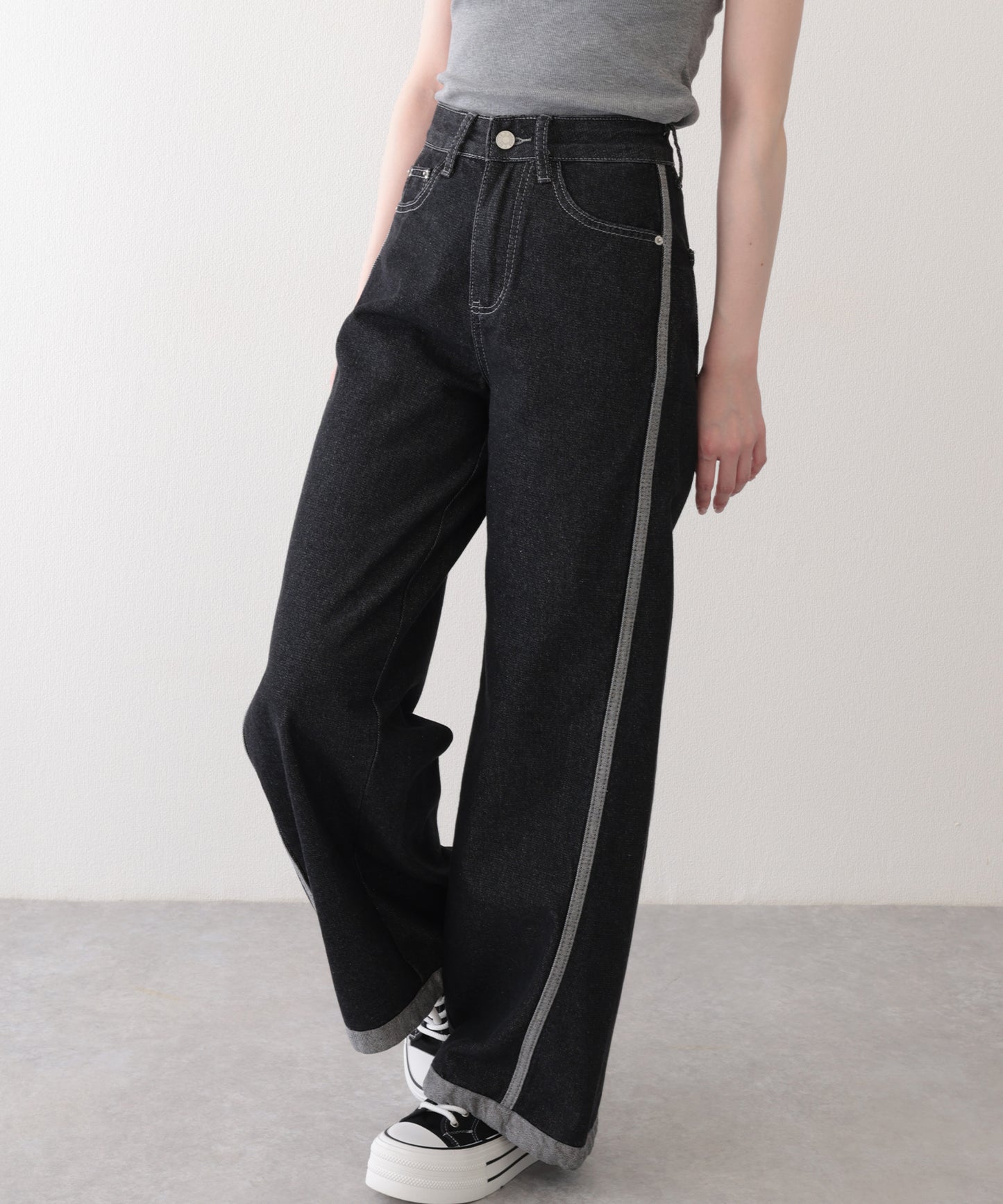 配色 ステッチライン ハイウエスト ワイド デニムパンツ