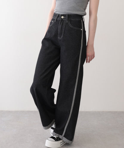配色 ステッチライン ハイウエスト ワイド デニムパンツ
