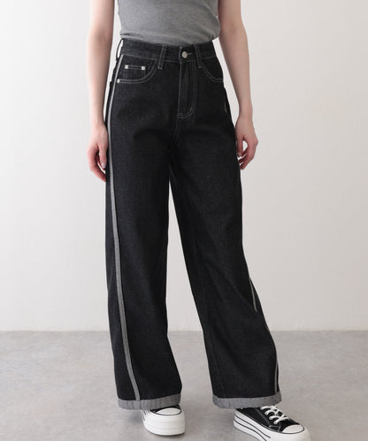 配色 ステッチライン ハイウエスト ワイド デニムパンツ