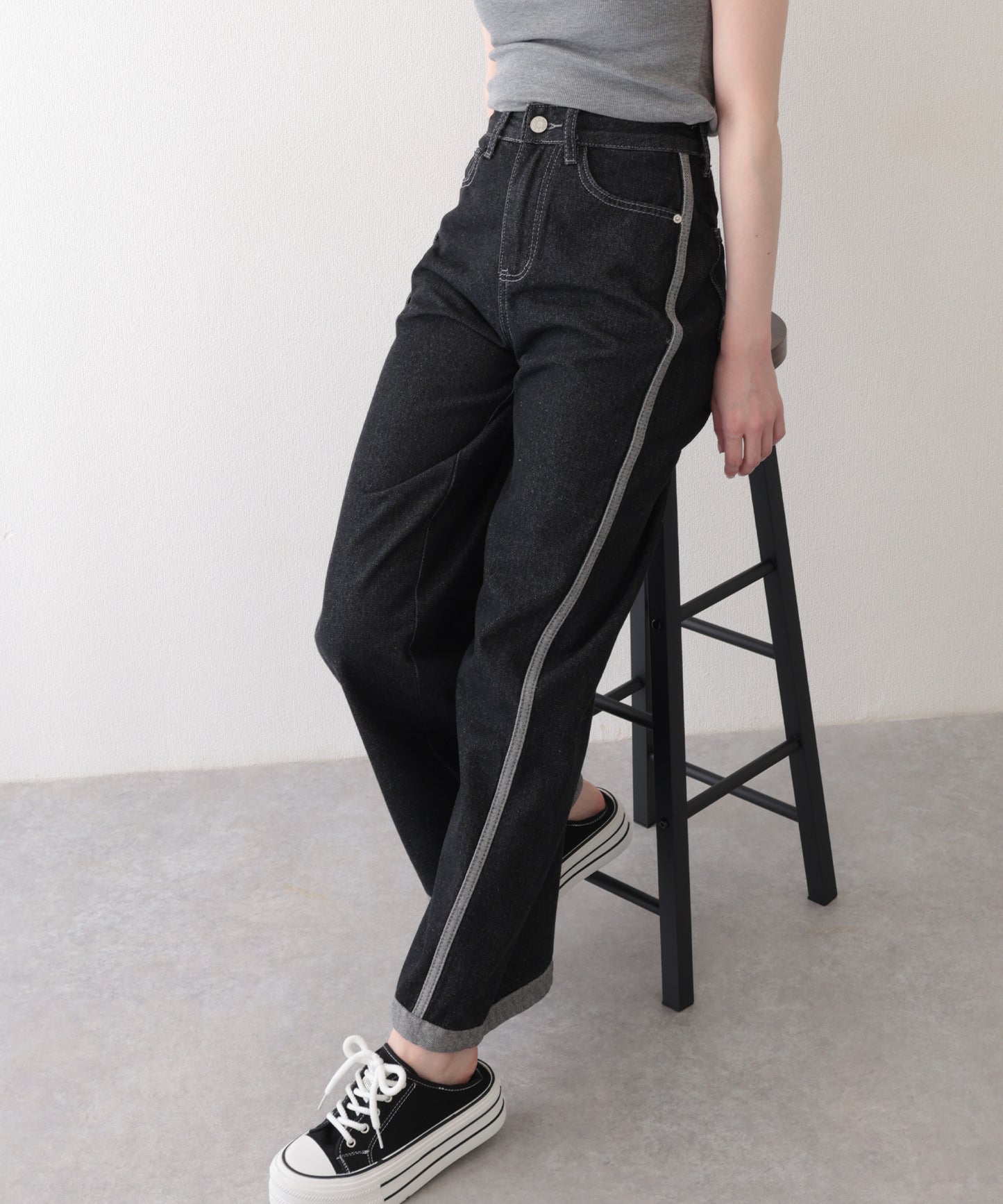 配色 ステッチライン ハイウエスト ワイド デニムパンツ