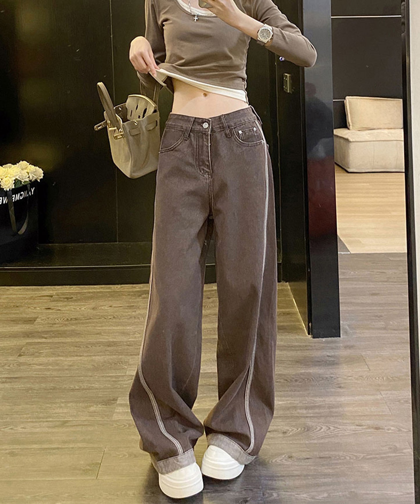 配色 ステッチライン ハイウエスト ワイド デニムパンツ