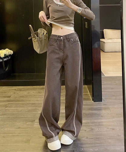 配色 ステッチライン ハイウエスト ワイド デニムパンツ