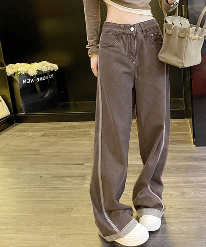 配色 ステッチライン ハイウエスト ワイド デニムパンツ